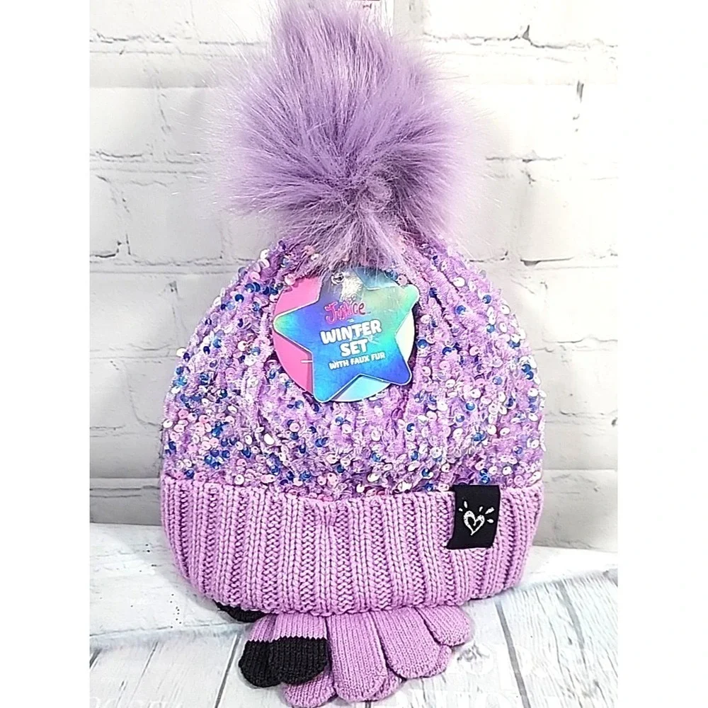 Justice Girls Purple Sequin Ribbed Beanie w/faux fur & Gloves 2-Piece Set NWT